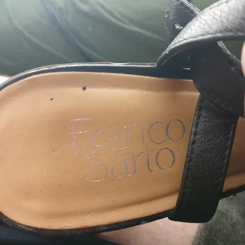 Franco Sarto Harlet Block Heel Sandals 9M Black Leather Asymmetrical Slingback